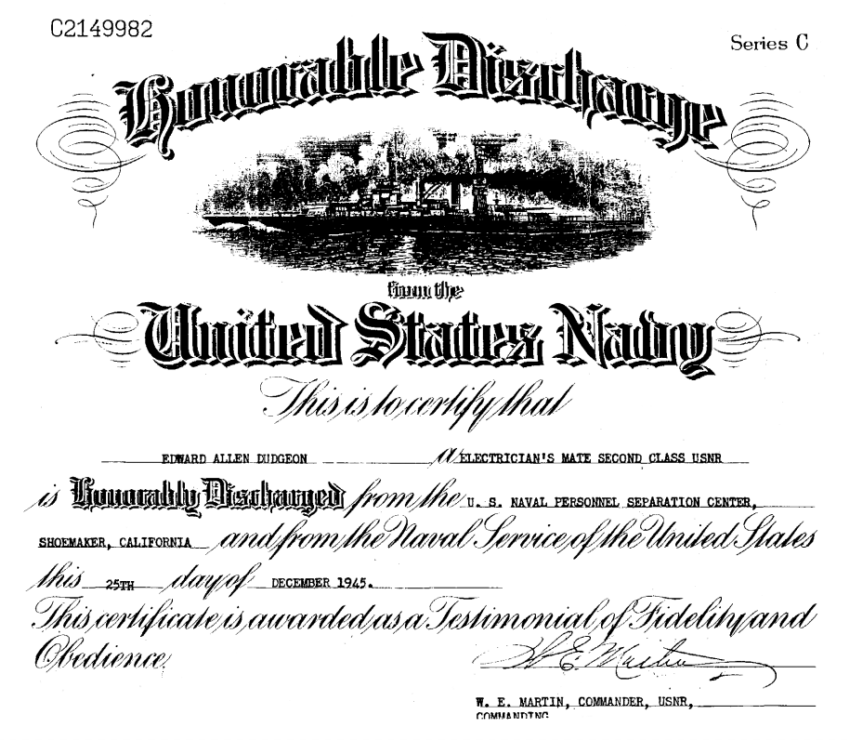Edward Allen Dudgeon Discharge From The Navy Papers 1945